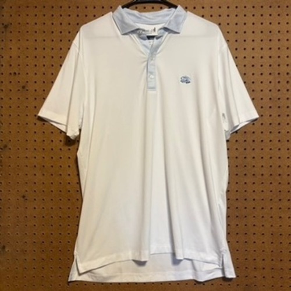 johnnie-O Performance Polo Large White Blue Collar Stretch Golf Shirt UPF 50